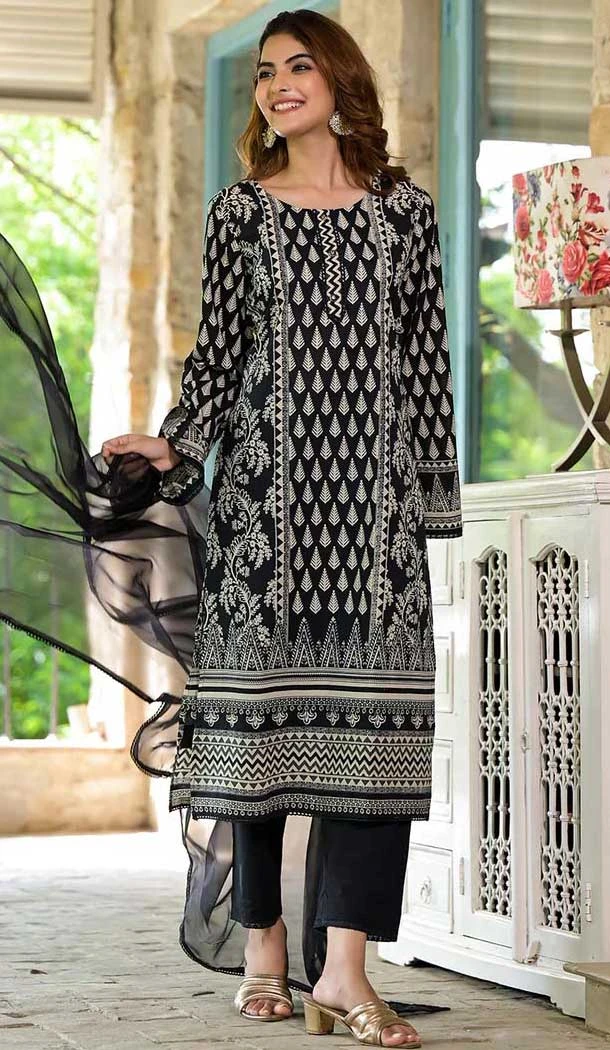 Cotton Printed Work Party Wear Salwar Suit In Black - 11724202769