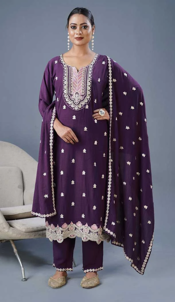 Silk Sequins Work Pakistani Style Salwar Suit In Wine - 11728202781