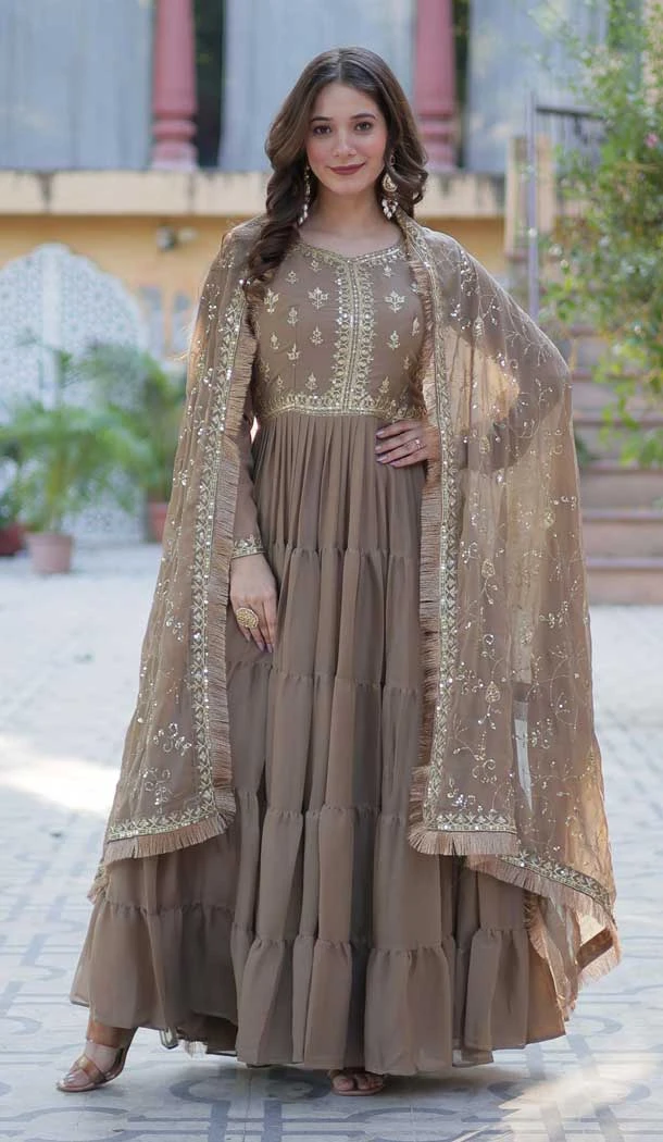 Beige Star Georgette Zari Work Party Wear Gown With Dupatta - 11730202797