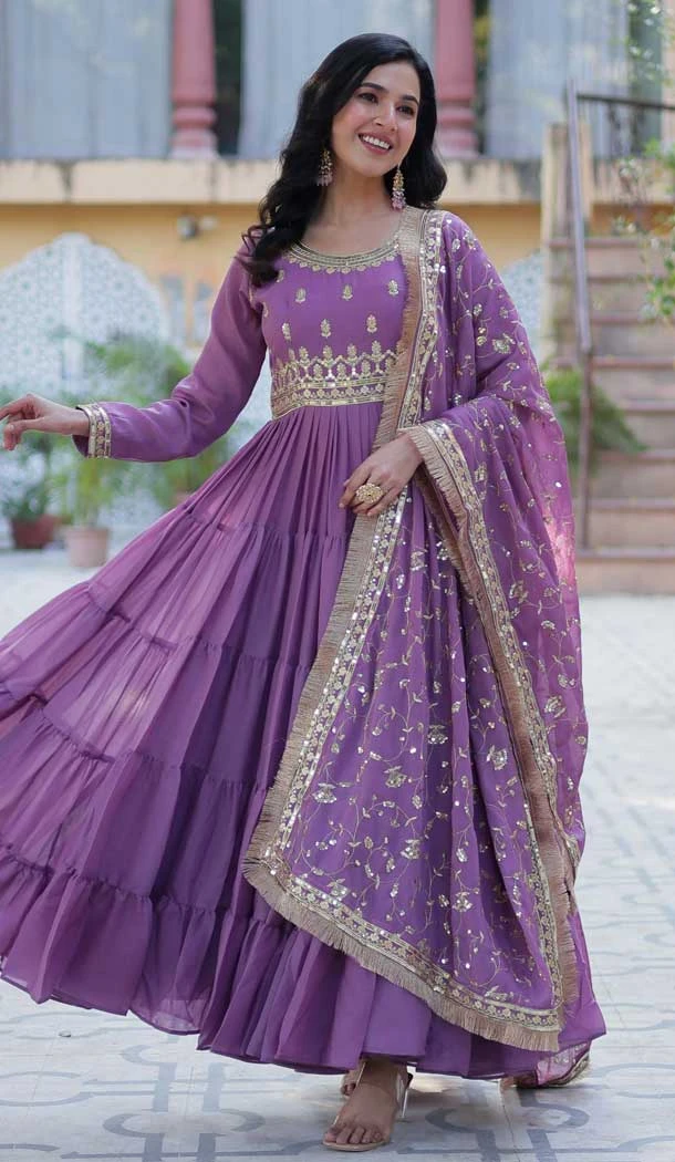 Onion Star Georgette Zari Work Party Wear Gown With Dupatta - 11730202798
