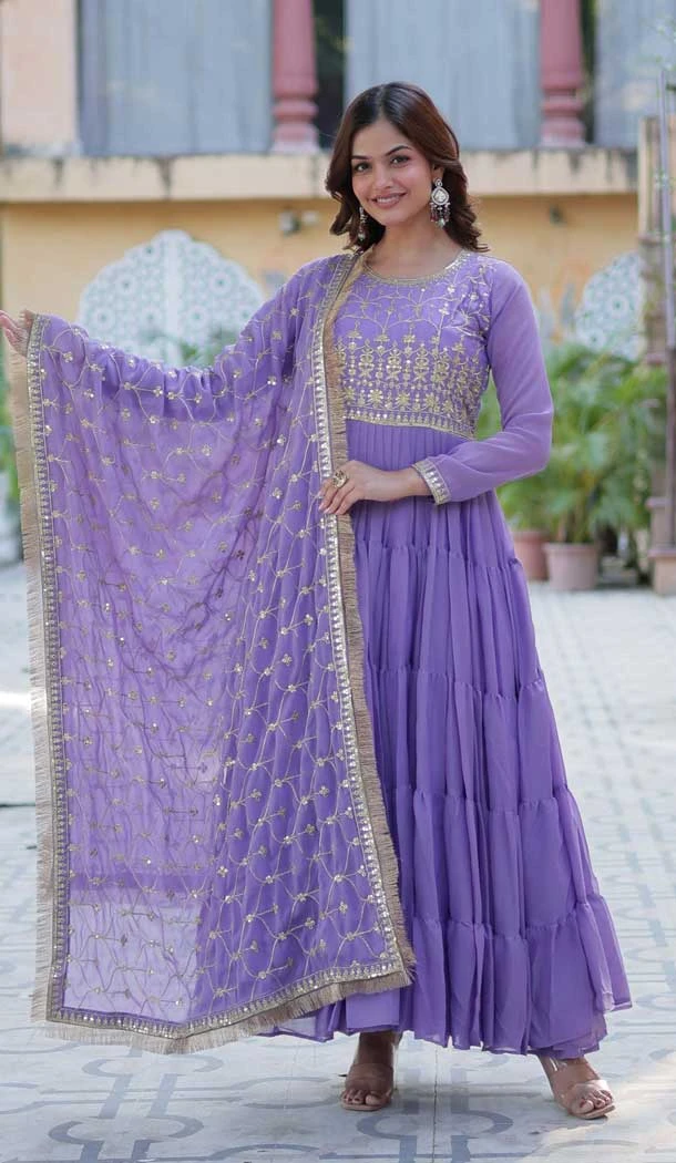 Purple Star Georgette Zari Work Party Wear Gown With Dupatta - 11730202799