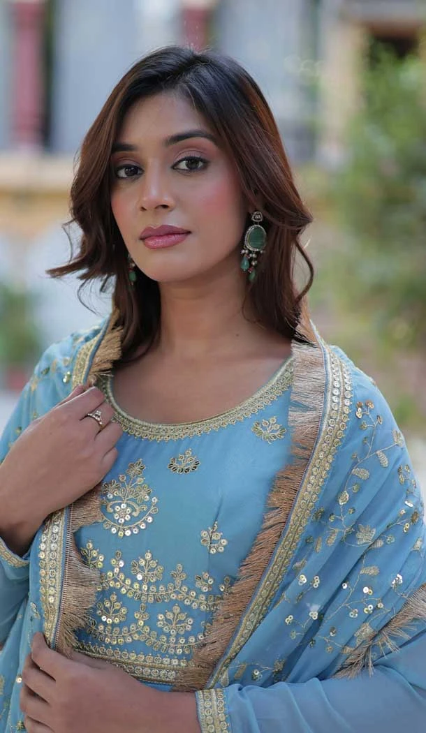 Sky Blue Star Georgette Zari Work Party Wear Gown With Dupatta - 11730202800