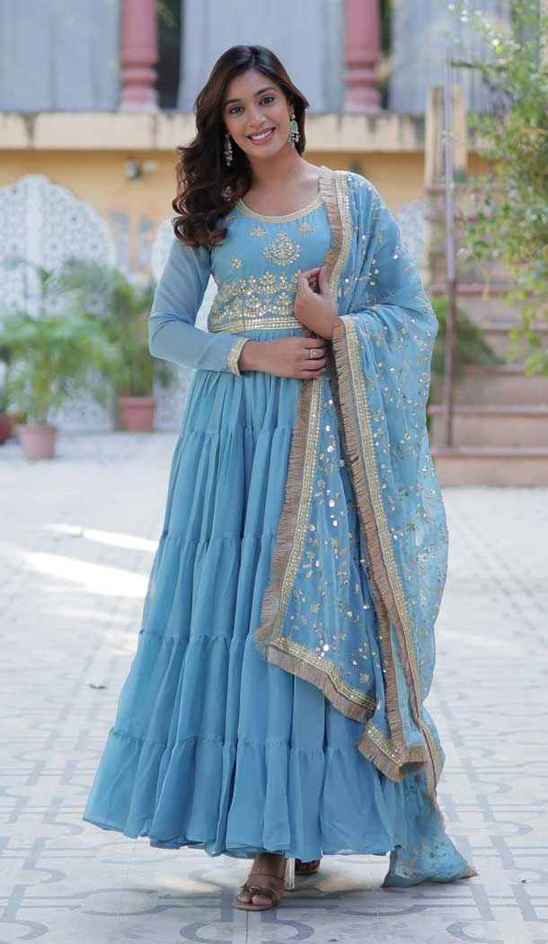 Sky Blue Star Georgette Zari Work Party Wear Gown With Dupatta - 11730202800
