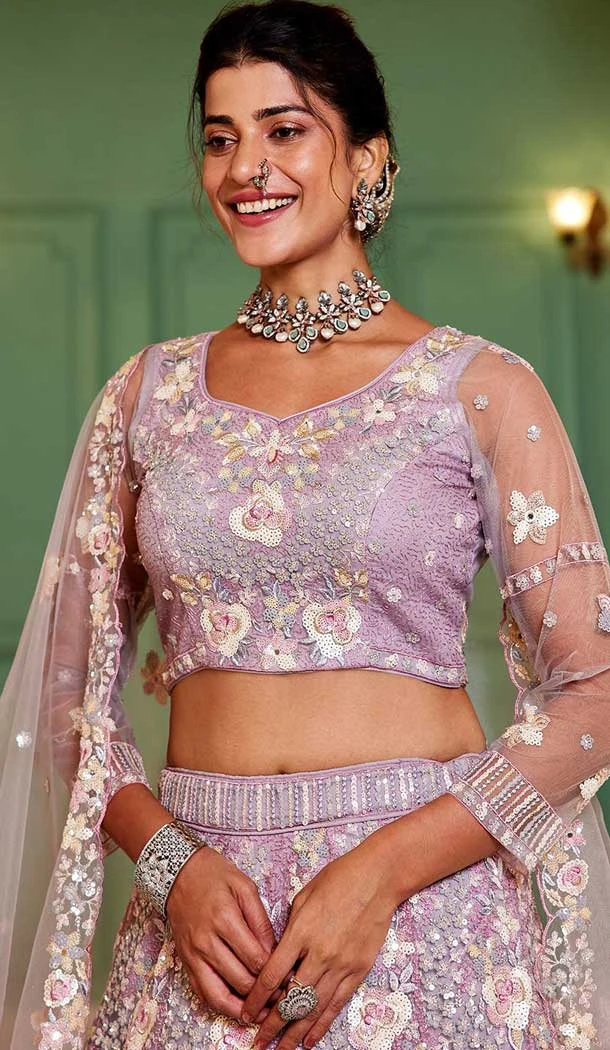 Satin Silk Sequence Embroidery Work Designer Lehenga Choli in Mauve -1519245344542