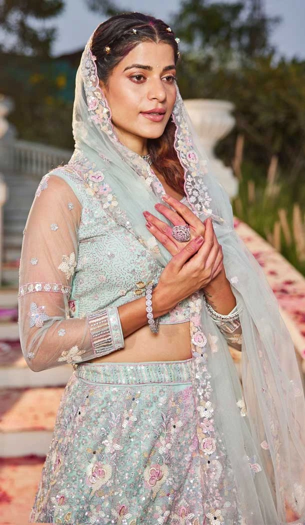 Net Sequence Embroidery Work Designer Lehenga Choli in Sea Green -1519245344544