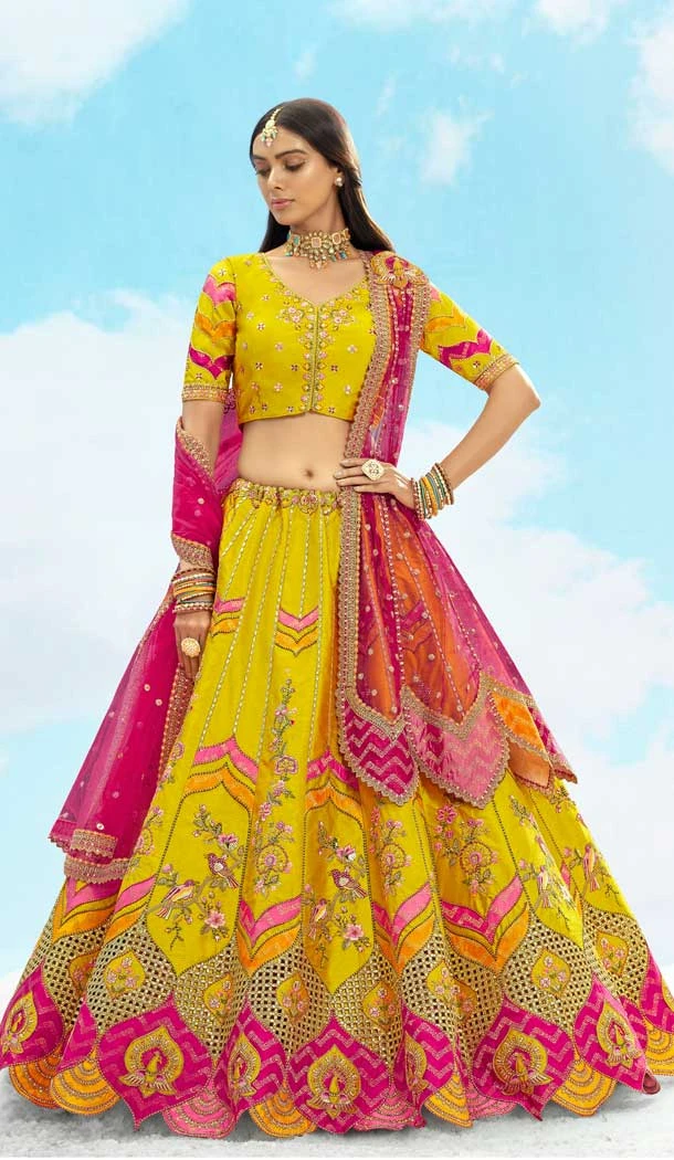 Silk Embroidery Stone Work Wedding Wear Lehenga Choli in Yellow -1550066146614