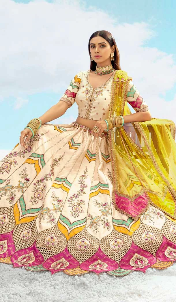 Silk Embroidery Stone Work Wedding Wear Lehenga Choli in Cream -1550066146615