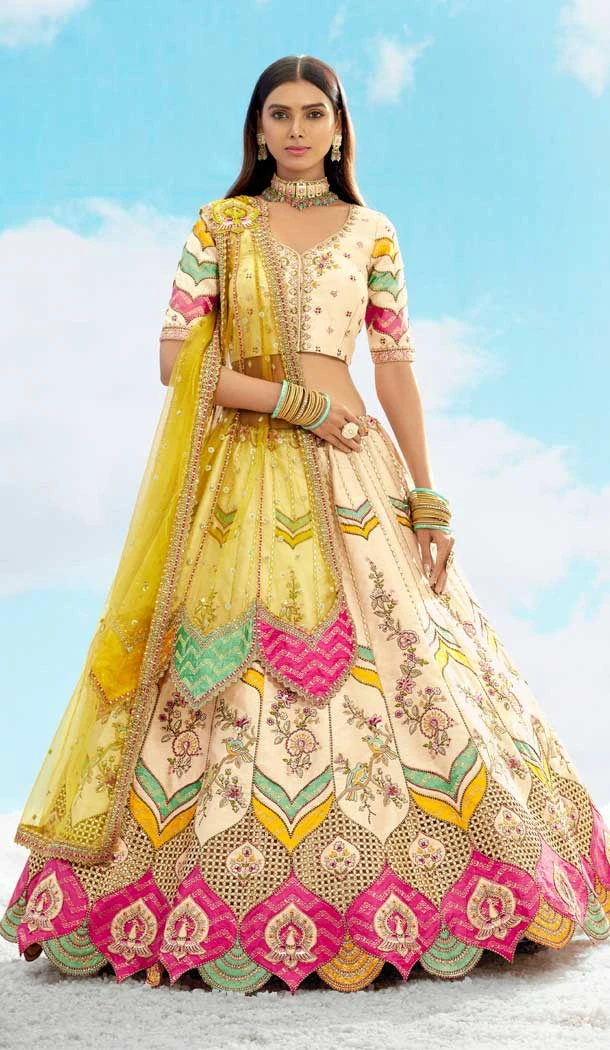 Silk Embroidery Stone Work Wedding Wear Lehenga Choli in Cream -1550066146615