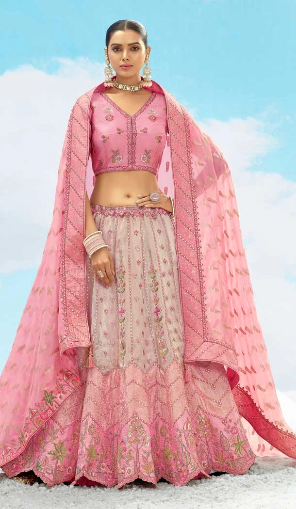 Silk Embroidery Stone Work Wedding Wear Lehenga Choli in Pink -1550066146617