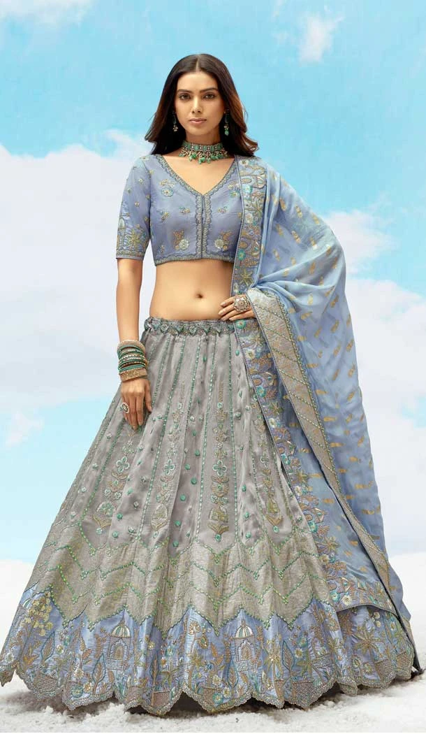 Grey Color Silk Embroidery Stone Work Wedding Wear Lehenga Choli -1550066146618