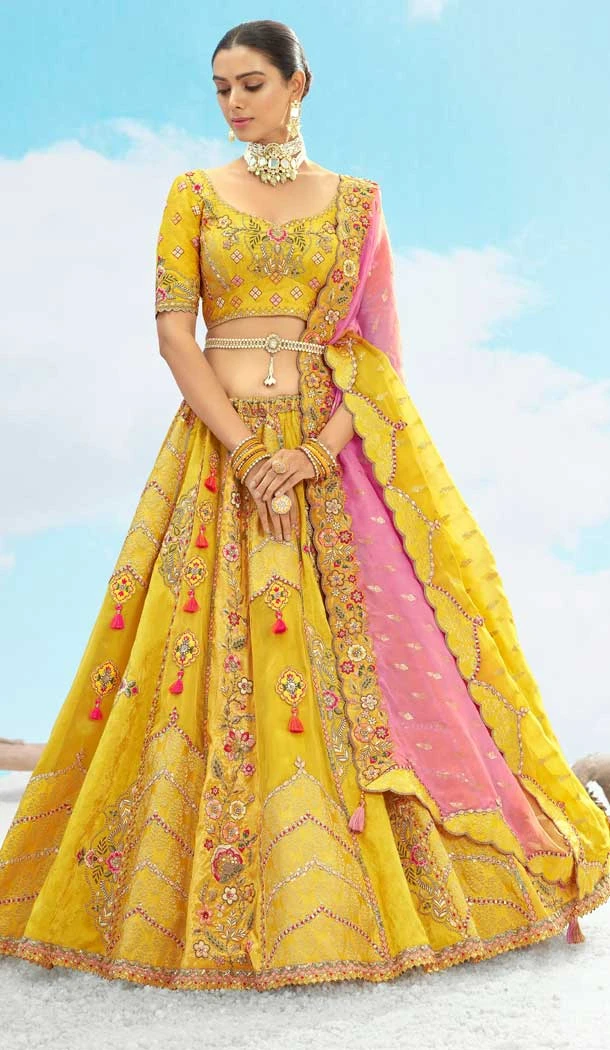 Yellow Color Silk Embroidery Stone Work Wedding Wear Lehenga Choli -1550066146621