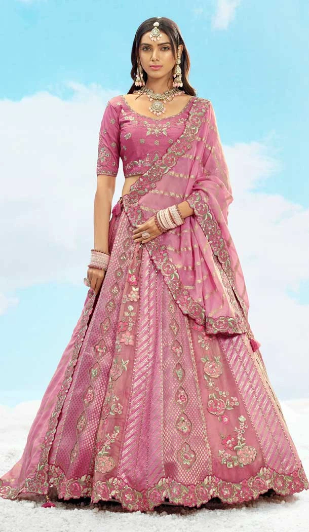 Pink Color Silk Embroidery Stone Work Wedding Wear Lehenga Choli -1550066146622