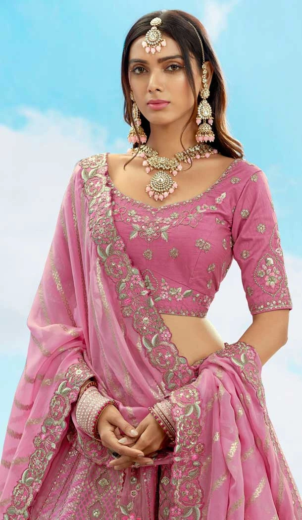 Pink Color Silk Embroidery Stone Work Wedding Wear Lehenga Choli -1550066146622