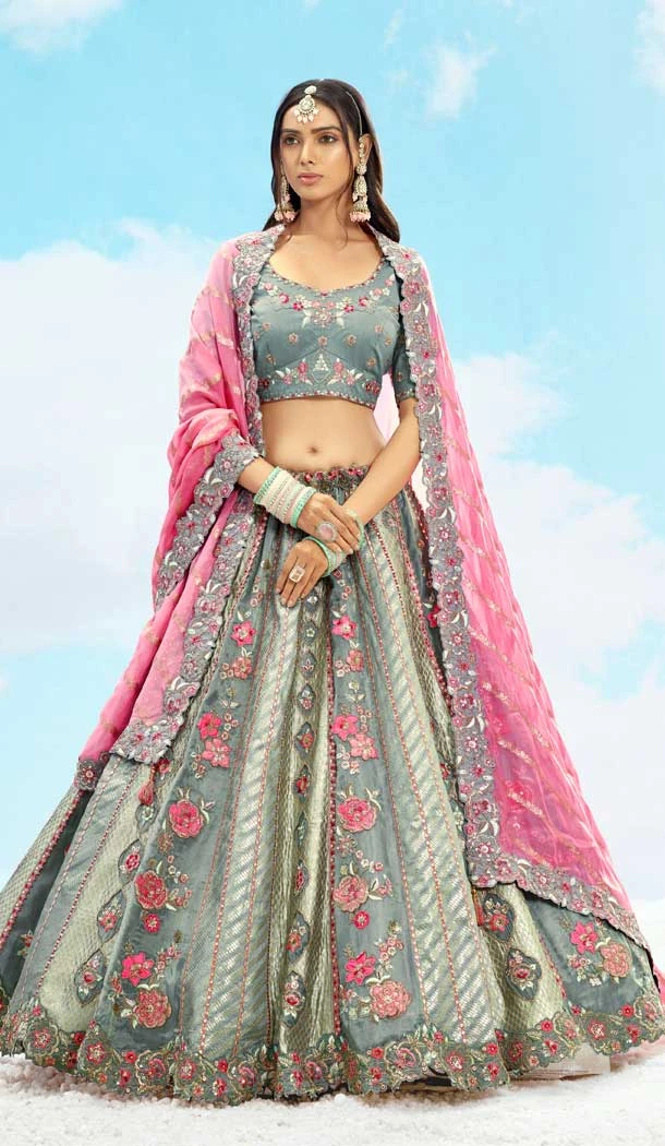 Ethnic Grey Color Silk Embroidery Stone Work Wedding Wear Lehenga Choli -1550066146623