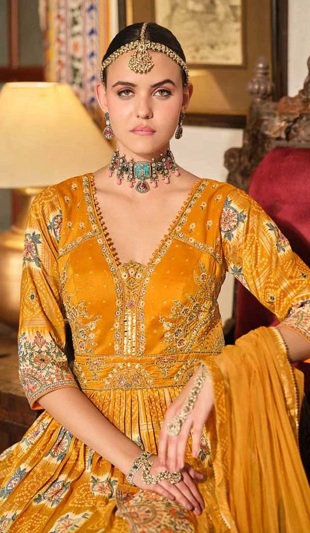 Yellow Silk Printed Designer Wear Gown With Dupatta - 11738202832