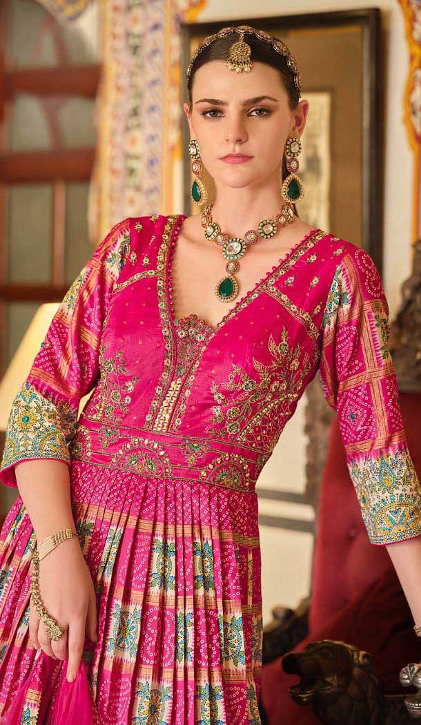 Rani Pink Silk Printed Designer Wear Gown With Dupatta - 11738202834