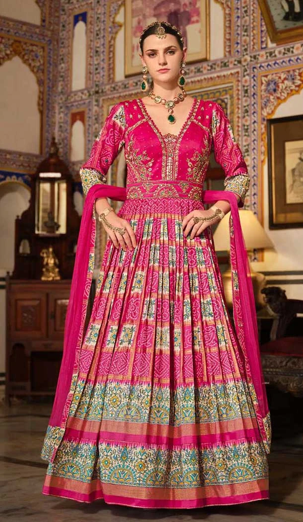 Rani Pink Silk Printed Designer Wear Gown With Dupatta - 11738202834
