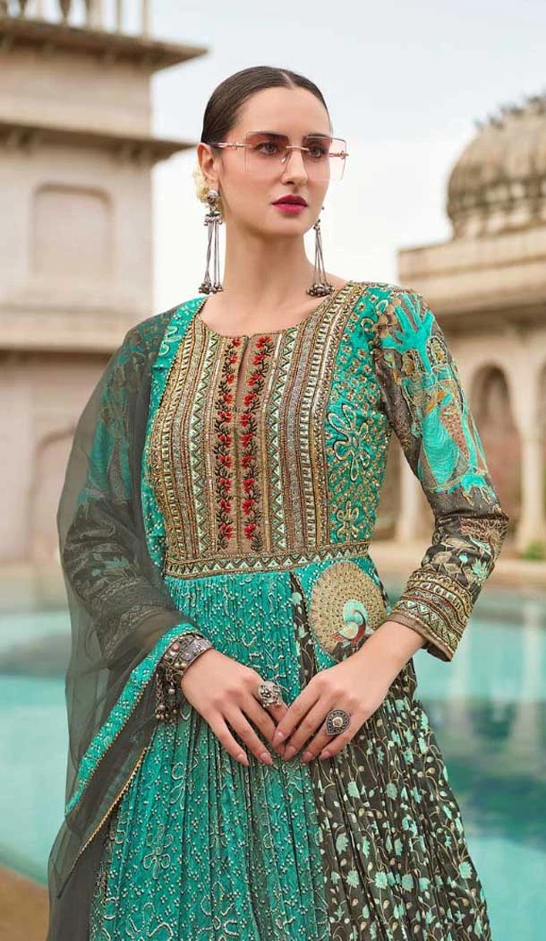 Sea Green Silk Printed Designer Wear Gown With Dupatta - 11738202837