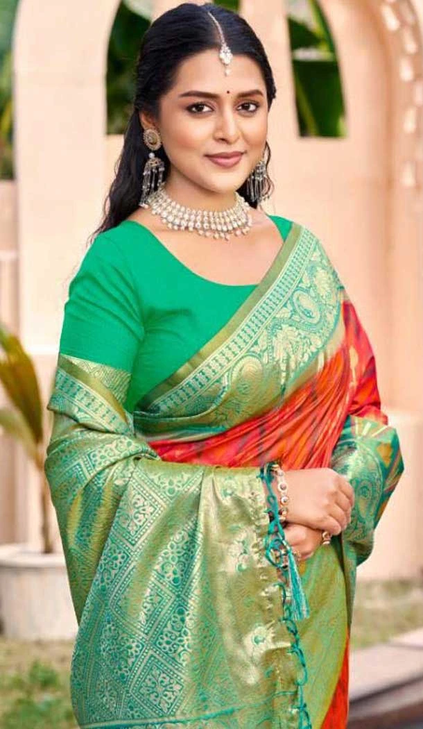 Peach Silk Weaving Work Traditional Wear Saree - 11741202861