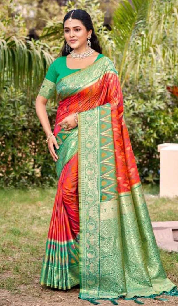Peach Silk Weaving Work Traditional Wear Saree - 11741202861