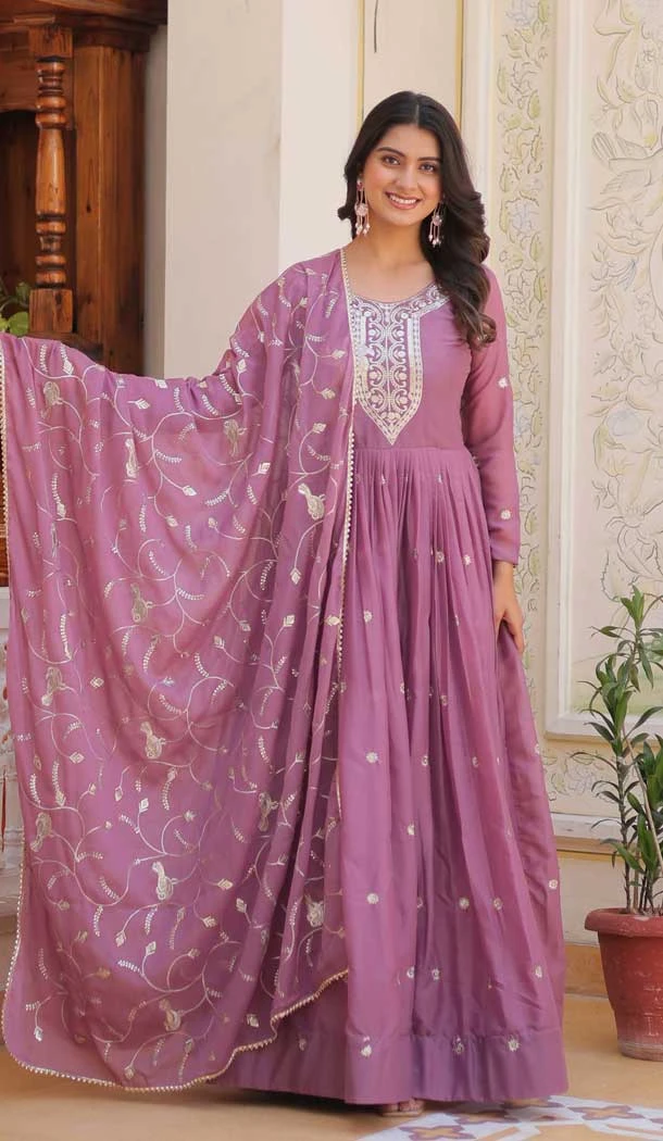 Lavender Star Georgette Embroidered Party Wear Gown With Dupatta - 11750202924