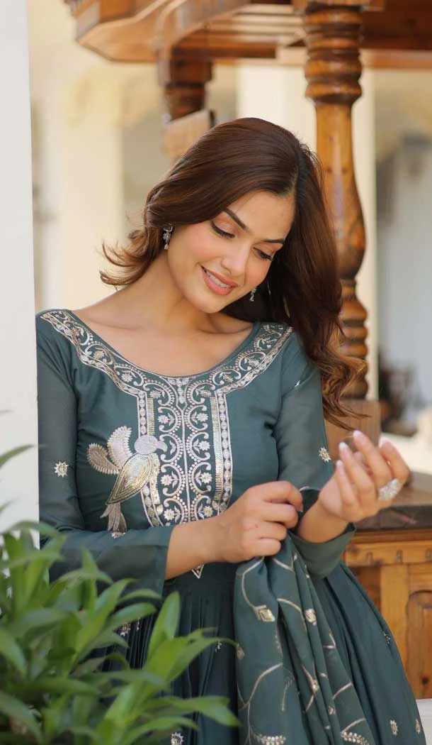 Dark Rama Green Star Georgette Embroidered Party Wear Gown With Dupatta - 11750202925