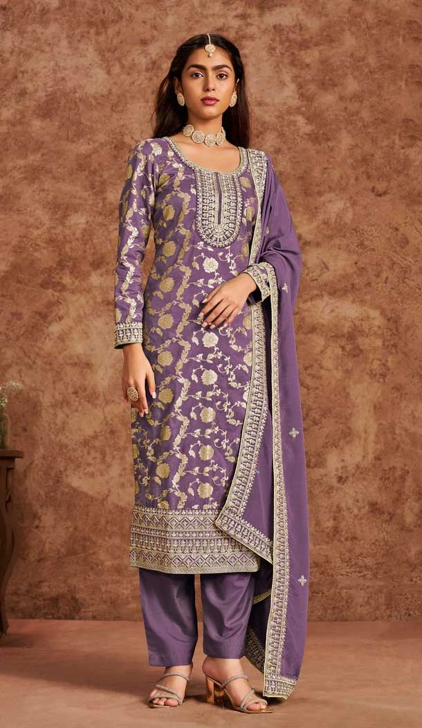 Dola Silk Sequins Work Pakistani Style Salwar Kameez In Purple - 116612202393