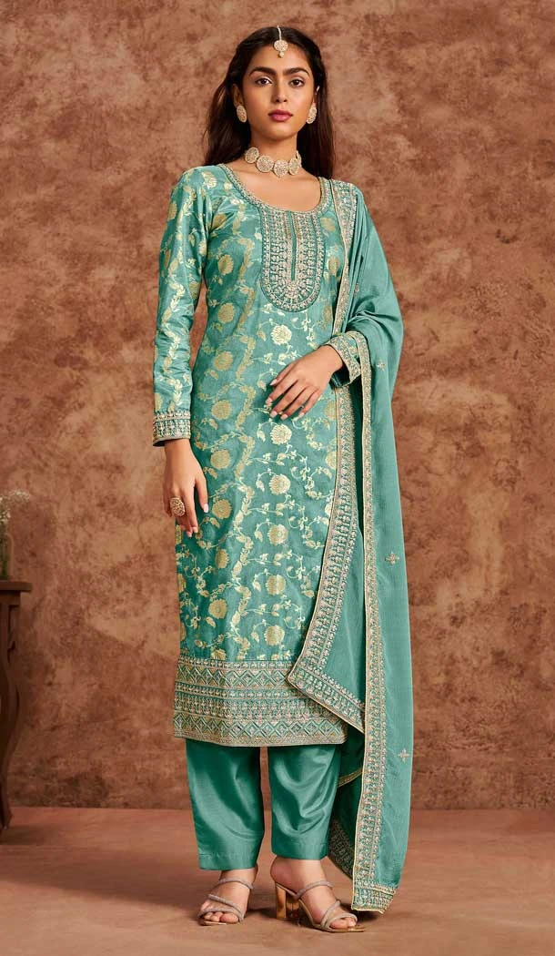 Dola Silk Sequins Work Pakistani Style Salwar Kameez In Mint Green - 116612202394