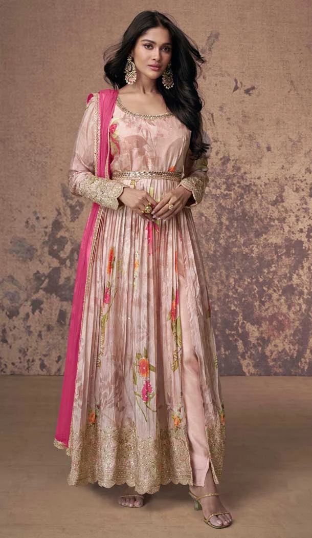 Pink Georgette Floral Print Work Party Wear Anarkali Suit - 11701202612