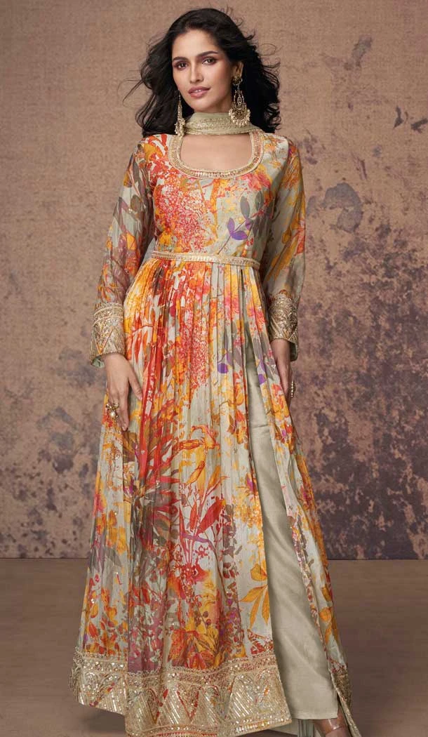 Beige Georgette Floral Print Work Party Wear Anarkali Suit - 11701202613