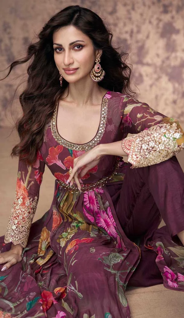 Wine Georgette Floral Print Work Party Wear Anarkali Suit - 11701202614