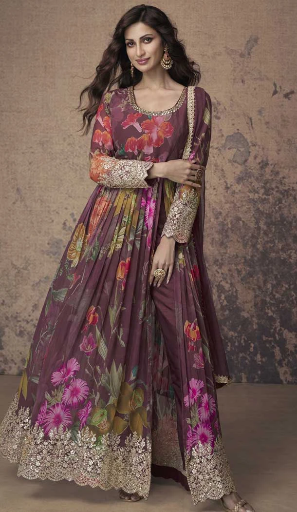 Wine Georgette Floral Print Work Party Wear Anarkali Suit - 11701202614