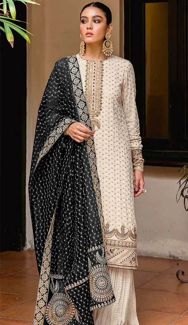 Cream Georgette Embroidery Work Party Wear Palazzo Salwar Suit - 11702202616