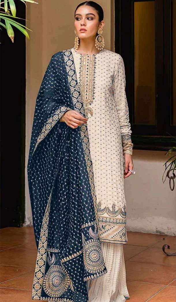 Cream Georgette Embroidery Work Party Wear Designer Palazzo Salwar Suit - 11702202618