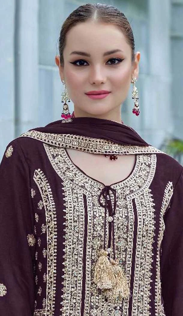 Purple Chinon Embroidery Work Pakistani Style Palazzo Salwar Suit - 11712202673