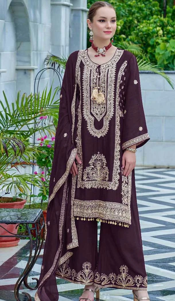 Purple Chinon Embroidery Work Pakistani Style Palazzo Salwar Suit - 11712202673