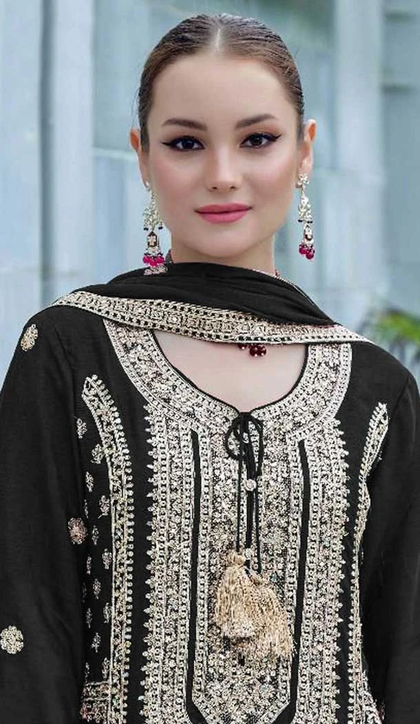Black Chinon Embroidery Work Pakistani Style Palazzo Salwar Suit - 11712202674