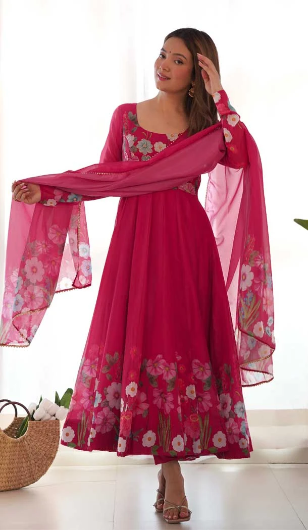 Rani Pink Organza Silk Digital Print Work Pakistani Anarkali Suit - 11718202700