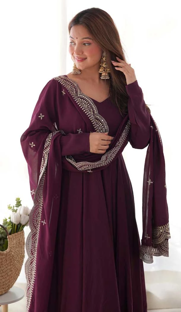 Wine Roman Silk Chanderi Plain Pakistani Anarkali Suit - 11718202702