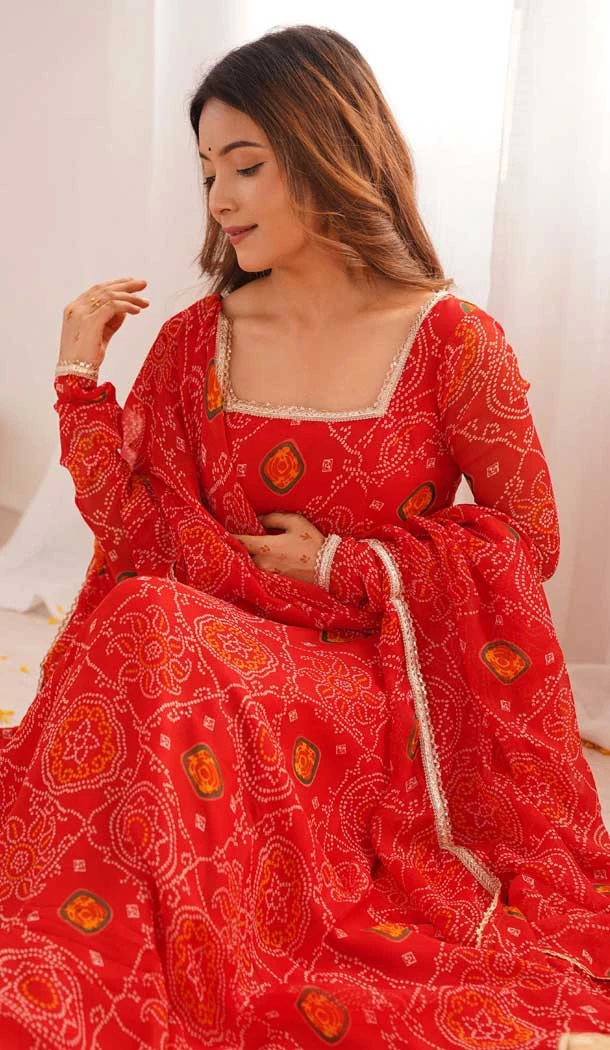 Red Chiffon Bandhej Digital Print Work Pakistani Anarkali Suit - 11718202703
