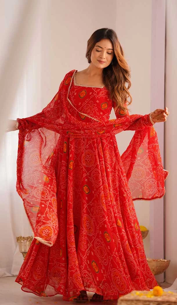 Red Chiffon Bandhej Digital Print Work Pakistani Anarkali Suit - 11718202703