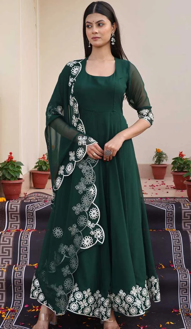 Green Georgette Embroidery Work Party Wear Anarkali Suit - 11729202783