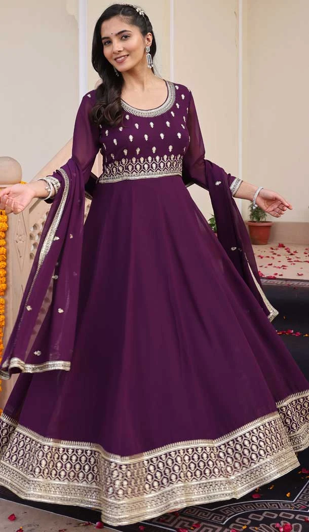 Wine Georgette Embroidery Work Party Wear Anarkali Suit - 11729202784