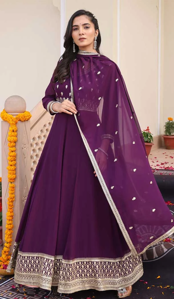Wine Georgette Embroidery Work Party Wear Anarkali Suit - 11729202784