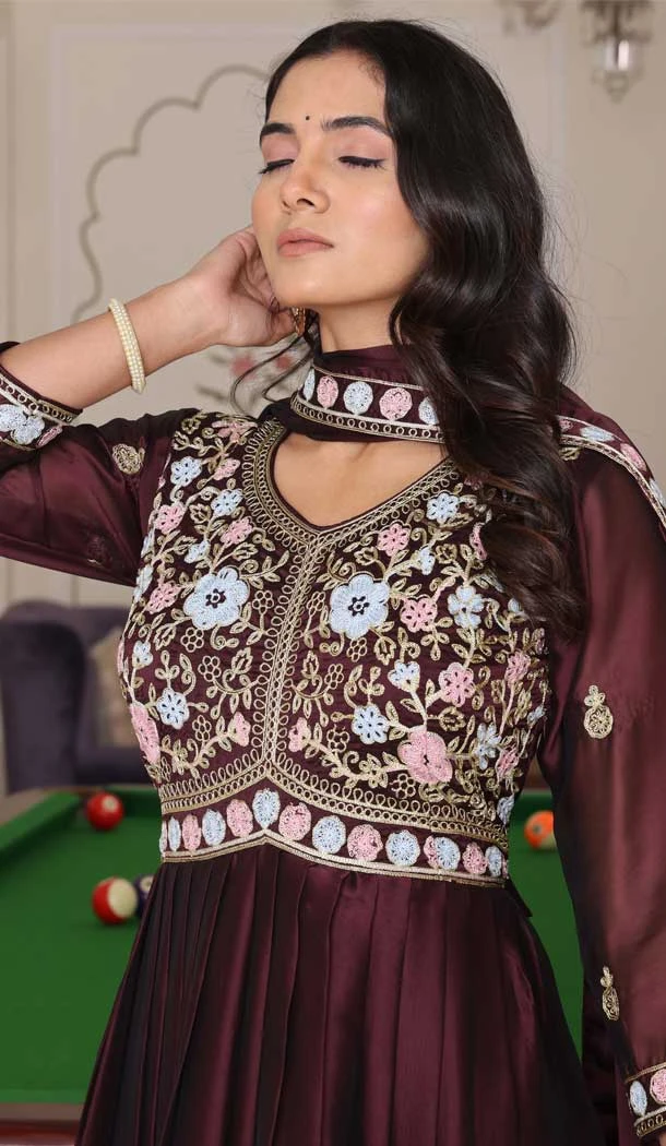 Wine Rangoli Silk Embroidery Work Party Wear Anarkali Suit - 11729202785