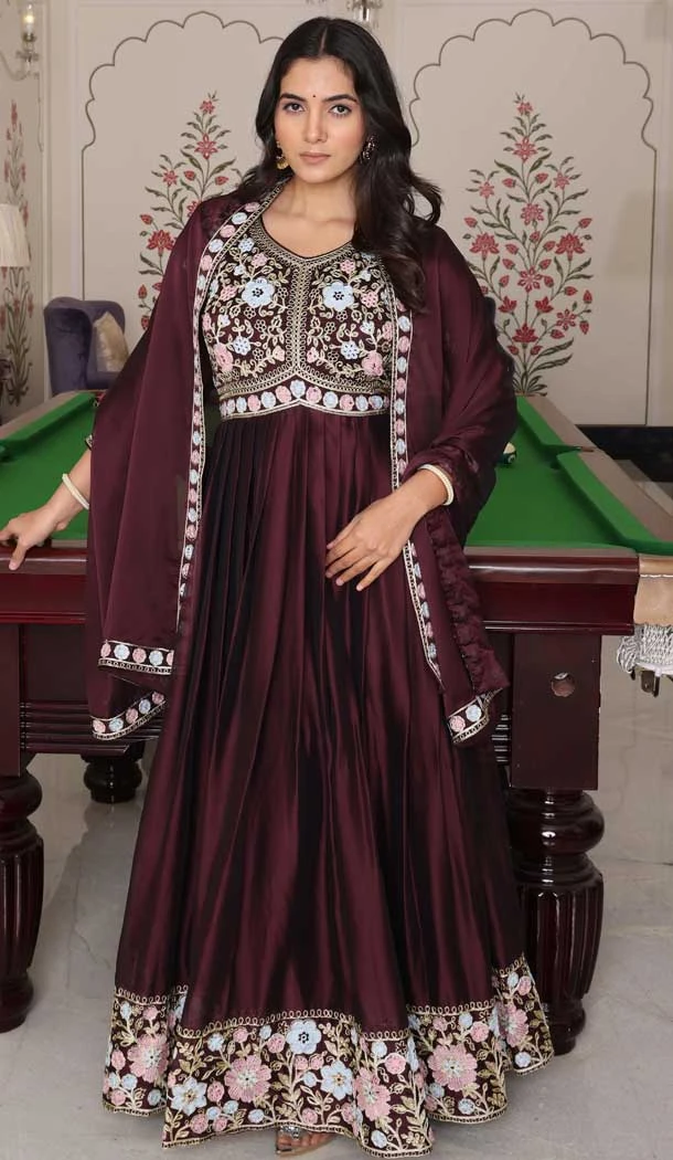 Wine Rangoli Silk Embroidery Work Party Wear Anarkali Suit - 11729202785