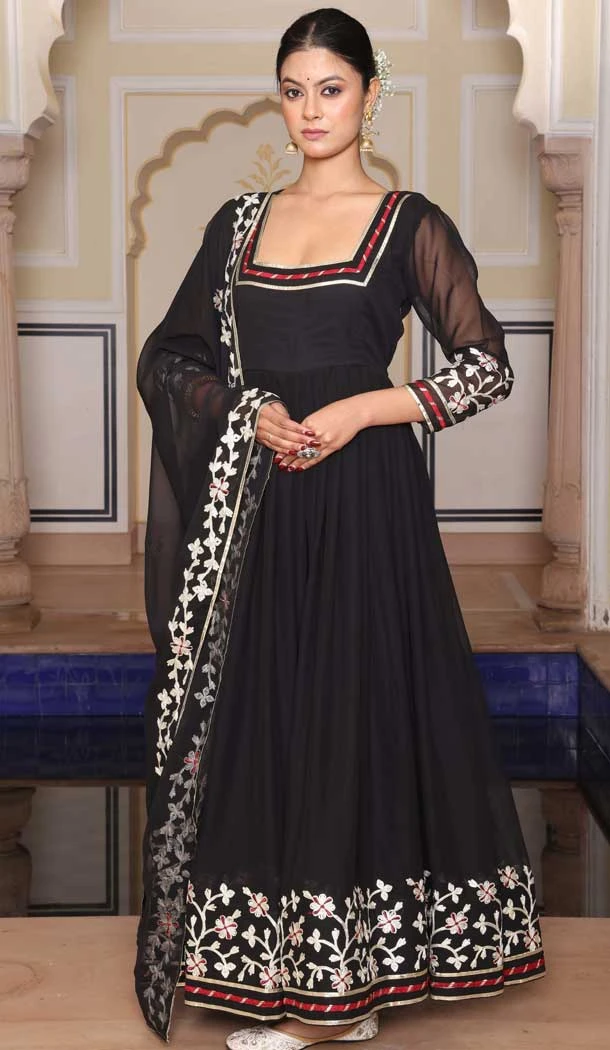 Black Georgette Lace Work Party Wear Anarkali Suit - 11729202786