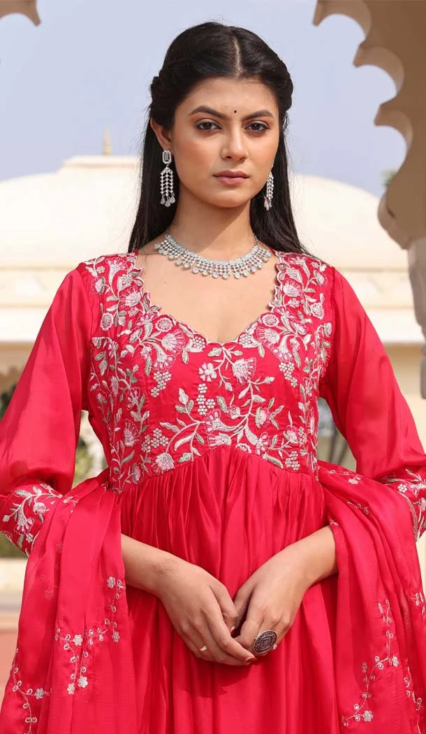 Red Rangoli Silk Embroidery Work Party Wear Anarkali Suit - 11729202787