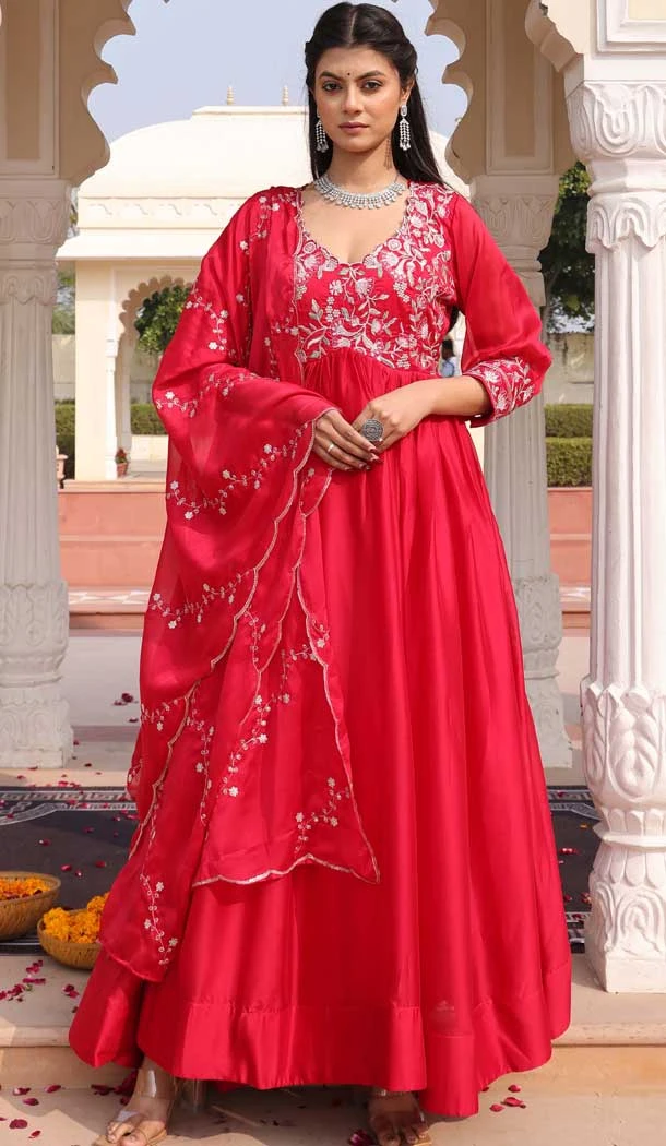 Red Rangoli Silk Embroidery Work Party Wear Anarkali Suit - 11729202787
