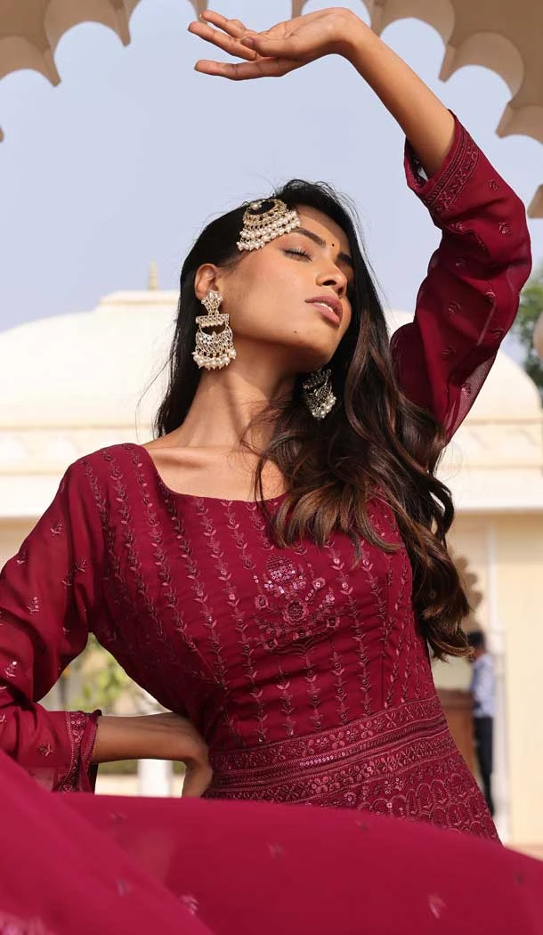 Maroon Georgette Embroidery Work Party Wear Anarkali Suit - 11729202788